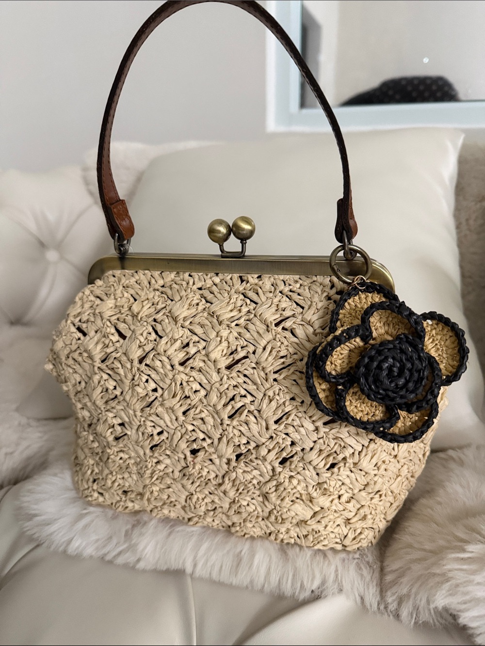 Patricia Nash Handwoven Cream Raffia Frame-Top Handbag with Black Trim Flower